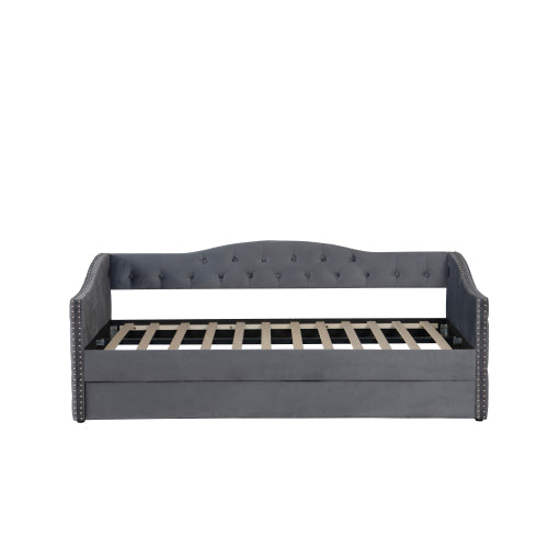 Twin Size Upholstered Daybed with Trundle and USB Charging Design, Sturdy Wood Slat Support, Wood Bed Frame for Bedroom/Guestroom/Dorm,Plush Velvet Fabric,Gray