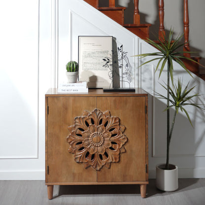 Rustic Hand-Carved Floral 2-Door Wooden Cabinet Bohemian Style Solid Wood Leg Storage Sideboard For Home Decor