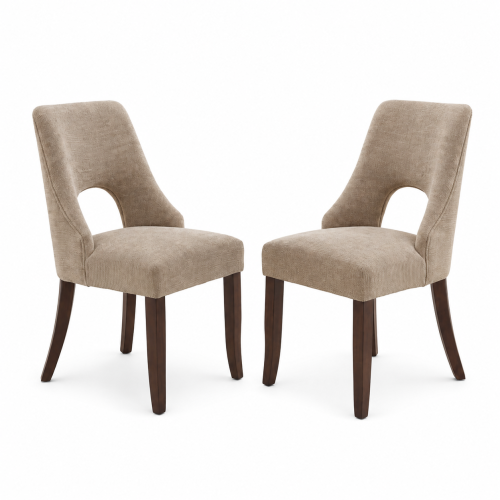 2-Piece Tufted Chenille Dining Chairs, Khaki Upholstered Club Chairs with Curved Solid Wood Legs for Dining Room, Kitchen & Commercial Use