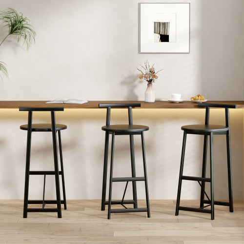 27inch H Barstool Set of 3 Wooden Round Bar Stools with Footrest Modern Kitchen Chairs for Counter (Black & Black)