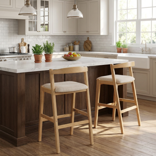 Indoor Rubberwood Barstool, Natural Finished and Beige Upholstery, Set of 2