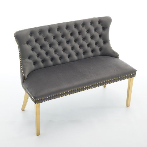 Velvet Double Dining Loveseat Bench, Kitchen & Dining Seating, 2-Seat Tufted Bench w/Handmade Buttons, Wing Back, Gold-Plated Steel Legs, Mid Century Modern,Single Pack,Gray,