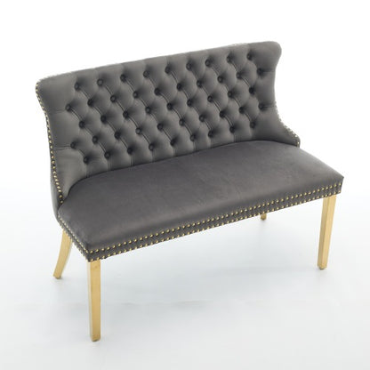 Velvet Double Dining Loveseat Bench, Kitchen & Dining Seating, 2-Seat Tufted Bench w/Handmade Buttons, Wing Back, Gold-Plated Steel Legs, Mid Century Modern,Single Pack,Gray,