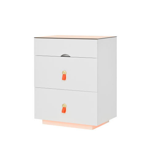 3-Drawer 30'' Nightstand with  LED Light, Modern Nightstand with 3 Storage Drawers, Bedside Table with Glass Top Jewelry Storage and Faux Leather Handles for Bedroom, Livingroom, Cloakroom, White