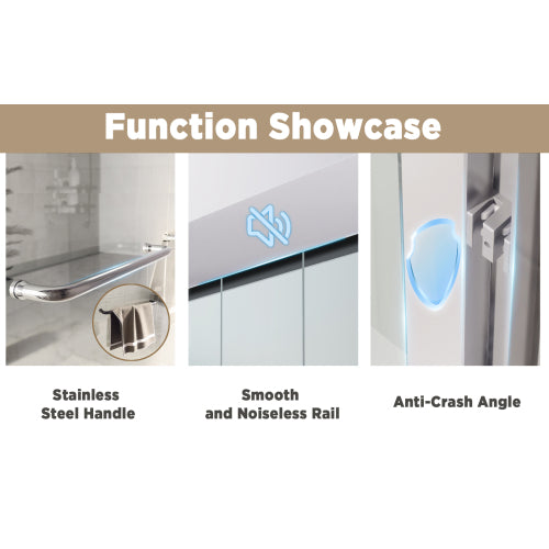 56-60" x 60" Tempered Glass with Explosion Proof Film, Aluminum Frame Double Sliding Shower Door, "1/4 (6 mm), Stainless Steel handle,Brushed Nickel
