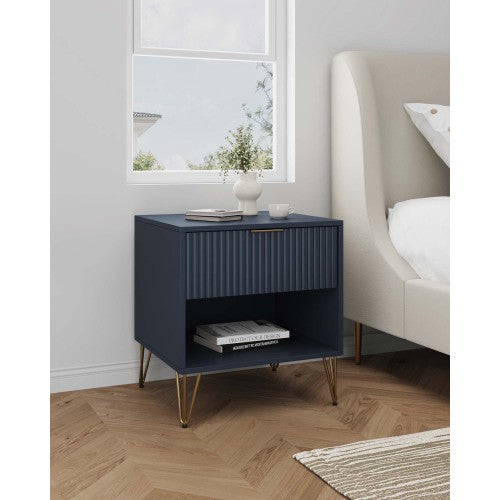 Midnight Blue Glam Nightstand with Tool-Free Assembly