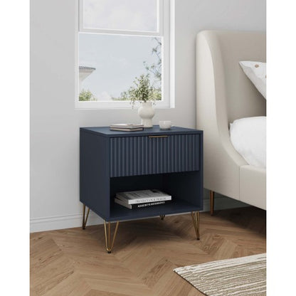 Midnight Blue Glam Nightstand with Tool-Free Assembly