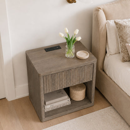 Grey Alder Large Fluted Nightstand, EPA Certified Wood Mid-Century Bedside Table with Drawer & Open Space