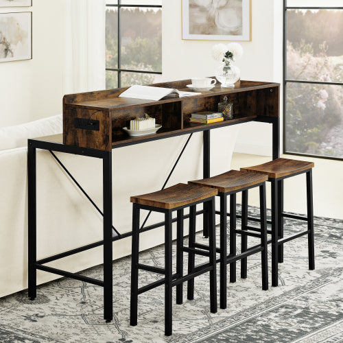 4-Piece 59inch  Bar Table Set with LED Light & Outlet, MDF Table & 3 Saddle Stools for Living Room