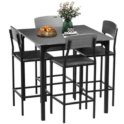5-Piece Gray & Black Square Counter Height Dining Set, MDF & Steel Table with 4 Space-Saving Stools