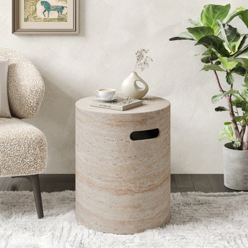 Outdoor/Indoor Lightweight Concrete Side Table With Side Handles,Travertine Finish