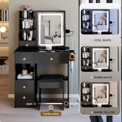 29.2" Small Size Drawer Desktop Vanity Table + Cushioned Stool, 2 AC+2 USB Power Station, Hair dryer bracket, Extra Large Touch Control Sliding LED Mirror, 3-color Switching, EPA, GCC, UL Certificate