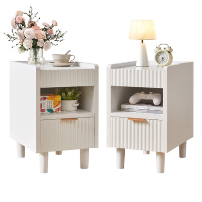 2 Pack White Fluted Nightstand, Integrated Base Bedside Table with Drawer & Open Cubby