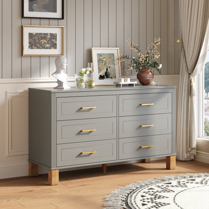 Gray 6 Drawer Double Dresser Modern Storage Cabinet with Metal Handles Solid Wood Legs