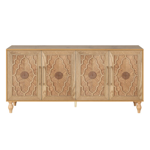 Natural Wood Carved Flower Door Large Storage Cabinet Metal Handle Household Multi-Scene Practical Sideboard Cabinet
