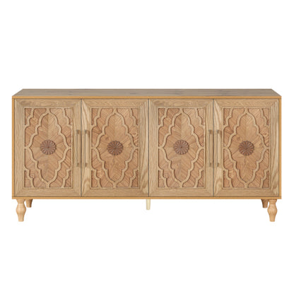 Natural Wood Carved Flower Door Large Storage Cabinet Metal Handle Household Multi-Scene Practical Sideboard Cabinet