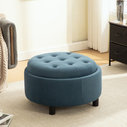 29.33 inch Blue Fleece Round Storage Ottoman, Hand Buckle Decor Reversible Lid Footstool, 300 LBS