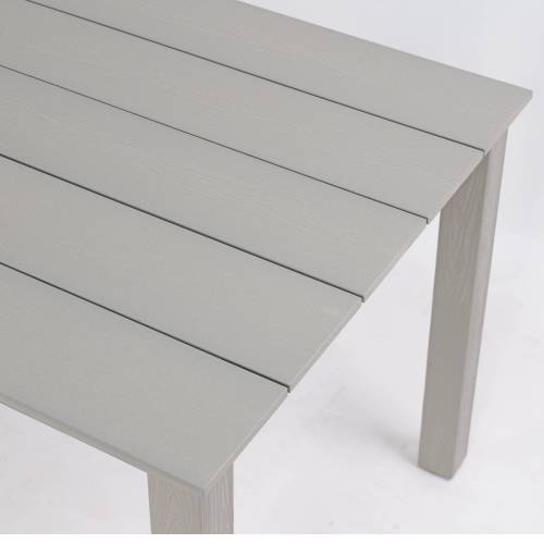 A wooden-textured imitation wood dining table, simple yet with a high quality feel. It has a small tabletop and is perfect for outdoor picnics. Light gray color, 68.9 inches long.