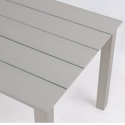 A wooden-textured imitation wood dining table, simple yet with a high quality feel. It has a small tabletop and is perfect for outdoor picnics. Light gray color, 68.9 inches long.