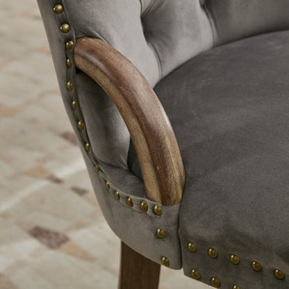 Set of 2 Gray Hand Tufted Velvet Dining Chairs, Solid Wood Handles Vintage Copper Nail Curved Wood Legs
