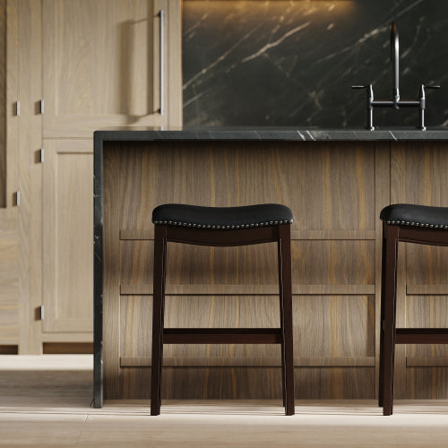 31in. H Bar-Height Wood Barstool with Black Faux-Leather Seat, 1PC