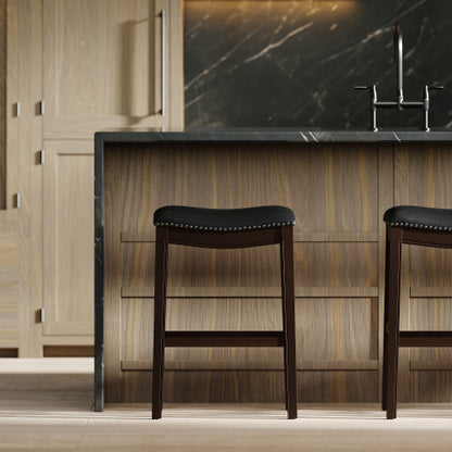 31in. H Bar-Height Wood Barstool with Black Faux-Leather Seat, 1PC