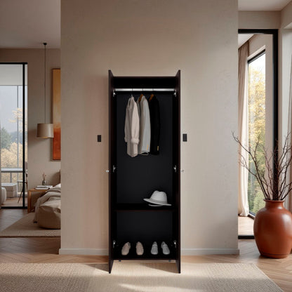 2 Doors Closet System Armoire, Hanging Rod and Storage Shelf, Modern Armoire for Bedroom Organization Storage, Stained Walnut