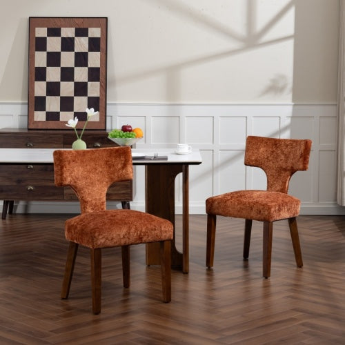 Set of 2 Mid-Century Chenille Fabric Dining Chairs, Orange Farmhouse Chairs with Hardwood & Rubberwood Frame