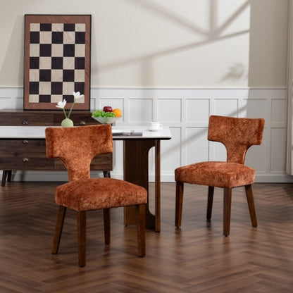 Set of 2 Mid-Century Chenille Fabric Dining Chairs, Orange Farmhouse Chairs with Hardwood & Rubberwood Frame