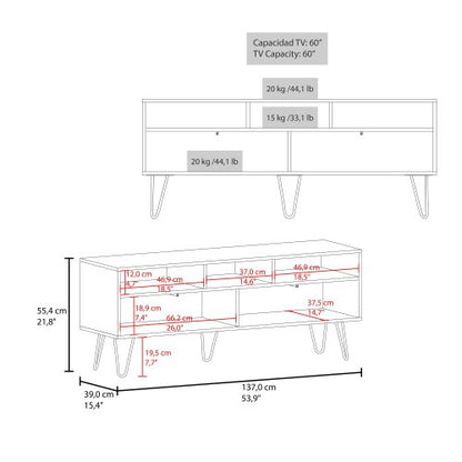 White and Natural Oak 54 inch TV Stand with Open Shelves and Storage