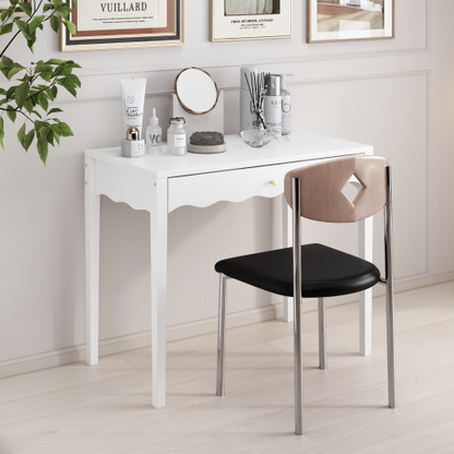 White 35.43inch  Vanity Desk with Drawer ¨C Modern Makeup Table with Scalloped Front & Gold Knob, Compact Writing Desk with 4 Sturdy Legs for Bedroom, Small Home Office & Apartment Spaces
