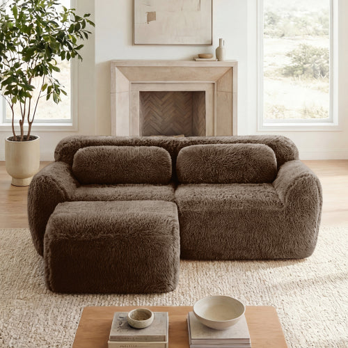 Chocolate L-Shape Plush Boneless Modular Sofa with Chaise Pillows
