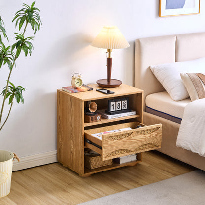 Mid Century Modern Rattan Nightstand with Charging Station USB Ports & Outlet Hole & 4 Solid Wood Bases, Farmhouse End Table with Open Space and Drawer Dresser, Natural