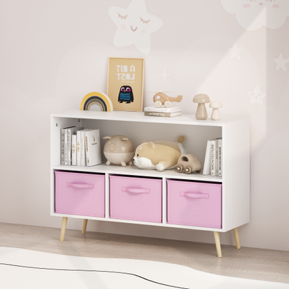 Kids Bookcase with Fabric Drawers and Toy Storage Organizer, White/Pink