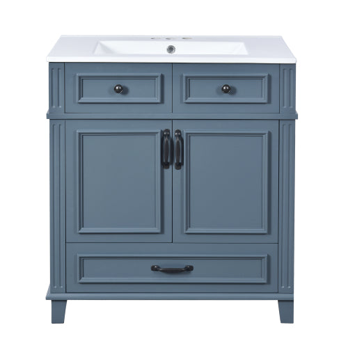 30'' Bathroom Vanity with Ceramic Sink,Solid Wood Frame Bathroom Storage Cabinet with Soft Closing Doors,Retro Style, Blue