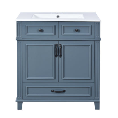 30'' Bathroom Vanity with Ceramic Sink,Solid Wood Frame Bathroom Storage Cabinet with Soft Closing Doors,Retro Style, Blue