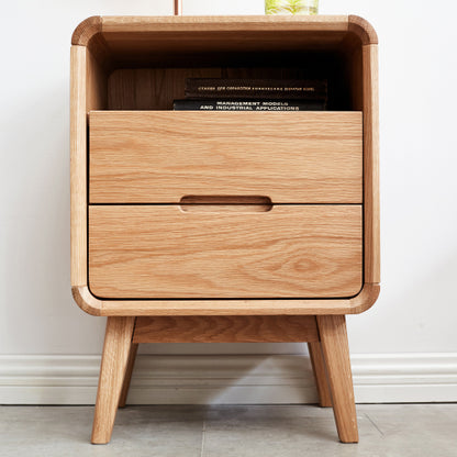 Solid Oak Nightstand, Nordic Style Open Compartment Bedside Table with Cable Hole & Rounded Edge