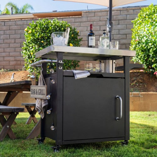 39.5 inch Outdoor Grill Cart with Storage Cabinet, Outdoor Bar Cart Pizza Oven Table with Wheels, Stainless Steel Top, Outdoor Kitchen Island with Spice & Paper Rack for BBQ, Waterproof Cover Included