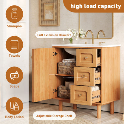 30 Inch Bathroom Vanity with Ceramic Sink, Bathroom Vanity with 3 Drawers, 1 large Soft Closing Door, Farmhouse Bathroom Storage Cabinet , Ideal for Home