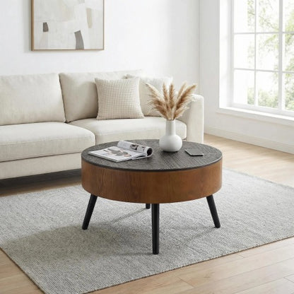 31.5inch  Round Carved Coffee Table, Black & Brown