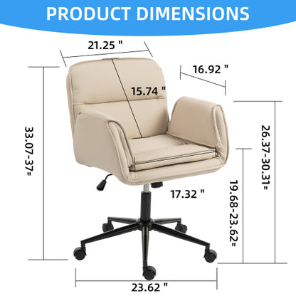 Criss Cross Chair with 5-Gear Adjustable Armrests & Wheels, Ergonomic Thickened Backrest Swivel Desk Chair for Home Office, Vanity, Bedroom and Living Room, Beige Pu