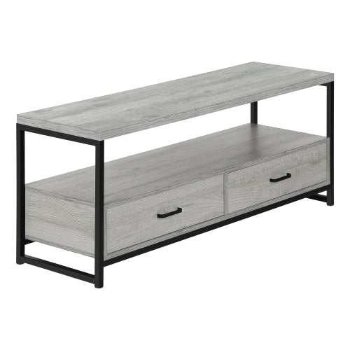 48 Inch Grey Wood Grain TV Stand with Black Metal Frame Dual Open Layers & 2 Drawers