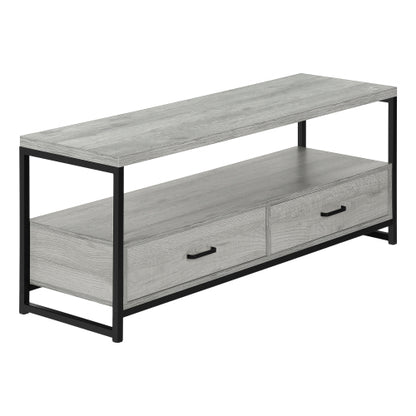 48 Inch Grey Wood Grain TV Stand with Black Metal Frame Dual Open Layers & 2 Drawers