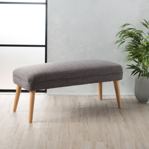 38 inch Linen Look Fabric Rectangular Ottoman Bench, Natural Rubberwood Leg Footstool for Living Room Bedroom