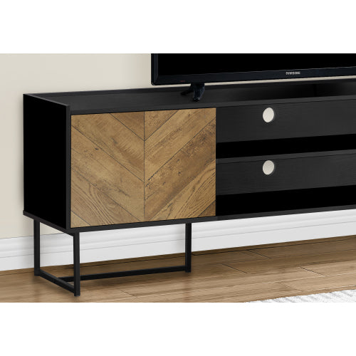72 Inch Brown Black V-Groove TV Stand with Push Latch Cabinets & Black Metal Frame