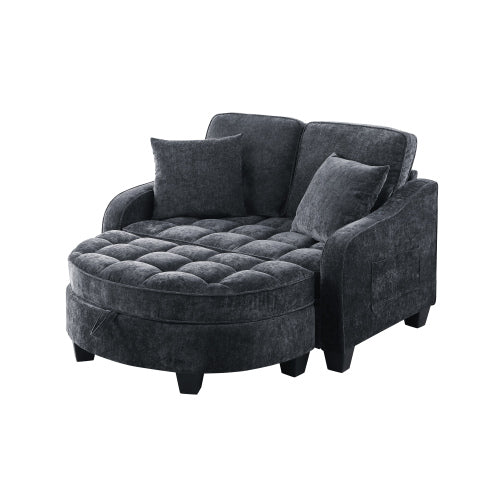 Black 2-Seater Irregular Curved Sofa Chaise, Storage Footrest,2 Throw Pillows