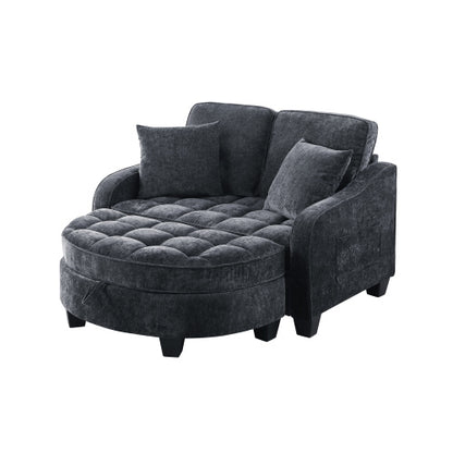 Black 2-Seater Irregular Curved Sofa Chaise, Storage Footrest,2 Throw Pillows