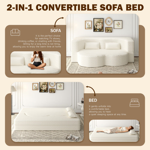 Beige White FullSize PlushCorduroy Convertible Floor SofaBed,2 Pillows