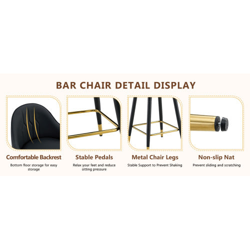 Set of 2 Black PU Leather Bar Stools: 37.7inch High, 25inch Seat Height, Gold Accent Footrest, Ideal for Kitchen Island, Home Bar & Dining Area, Available in Light Gray, White & Dark Gray Splicing Colors.