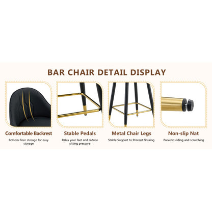 Set of 2 Black PU Leather Bar Stools: 37.7inch High, 25inch Seat Height, Gold Accent Footrest, Ideal for Kitchen Island, Home Bar & Dining Area, Available in Light Gray, White & Dark Gray Splicing Colors.